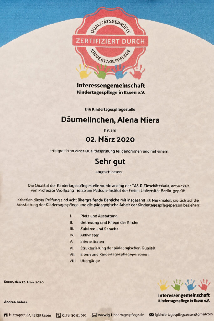 Zertifikat Interessengemeinschaft Kindertagespfelege in Essen e.V